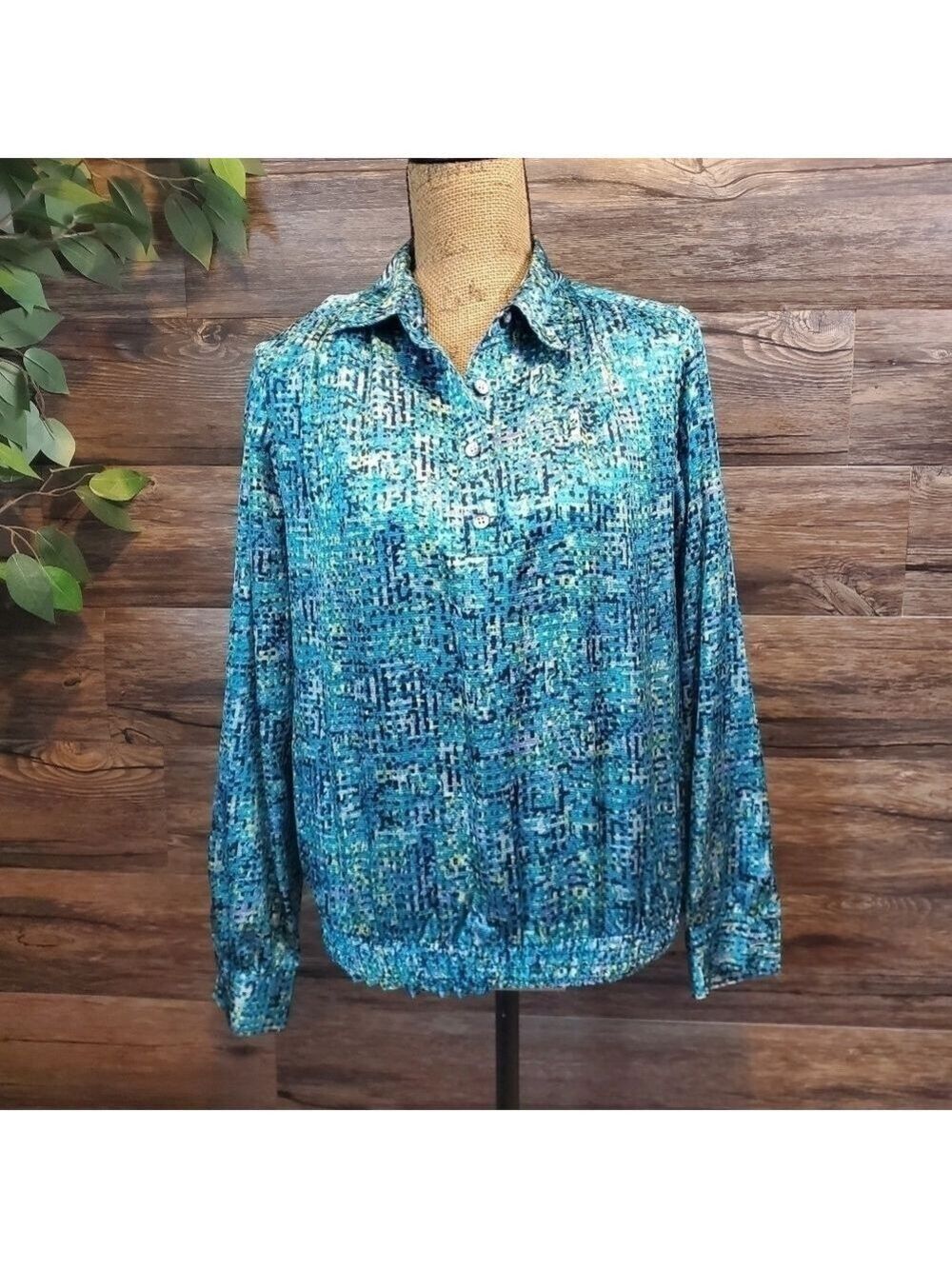 Koret Blue Silky Blouse Shoulder Pads Ruffle Womens Size 10